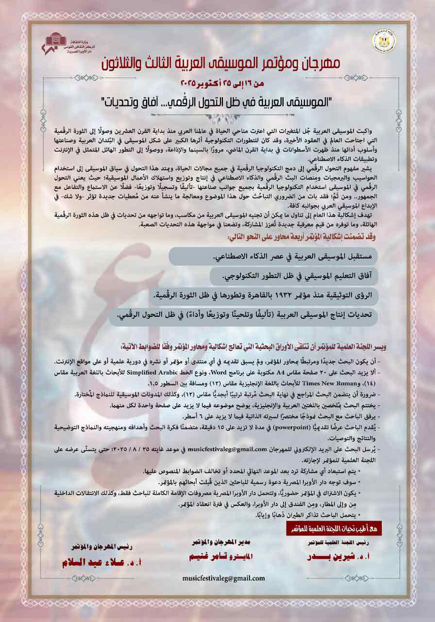 المحاور البحثية لمؤتمر مهرجان الموسيقى العربية فى دورته 33